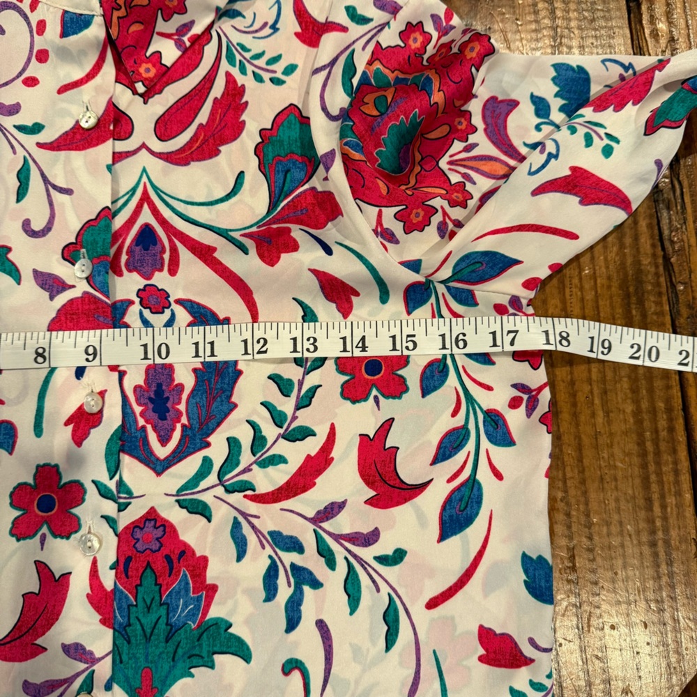 Zara Floral Print Button Down Blouse White Hot Pink Blue Retro Size Small - Picture 7 of 9